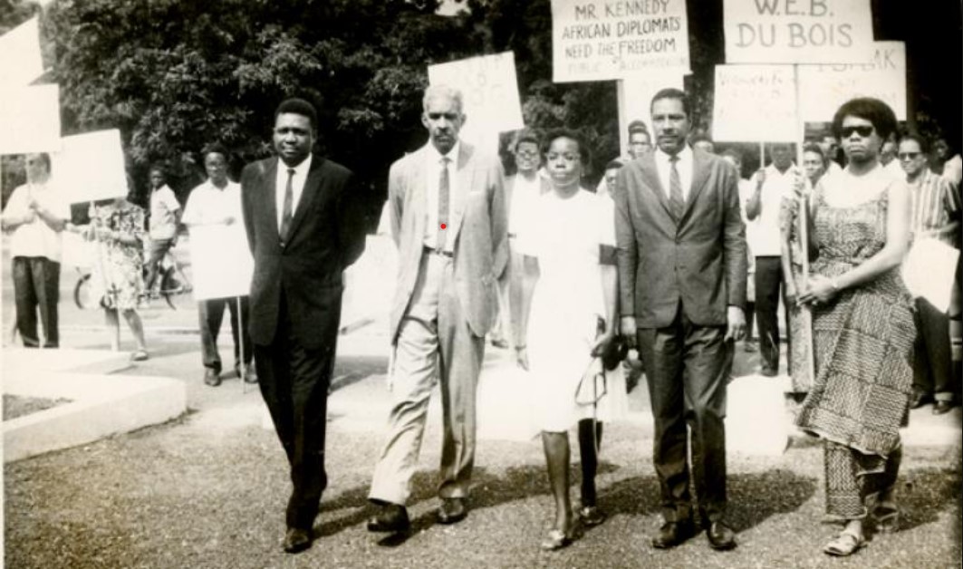 Petitioners Julian Mayfield, Alphaeus Hunton, Alice Windom, W.A. Jeanpierre and Maya Angelou Make, outside the US Embassy in Accra, Ghana