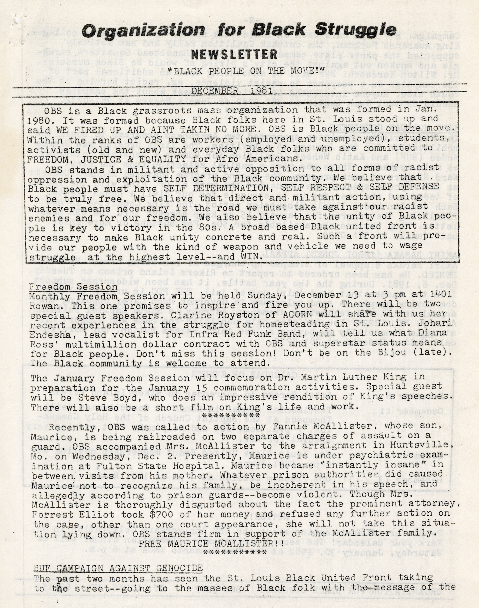 Organization for Black Struggle Newsletter, December 1981