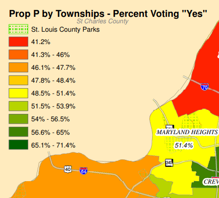 A map illustrating the precentage of voters who approved of Proposition P, 2013.