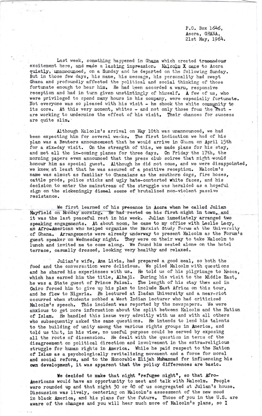 Excerpt from Alice Windom's account of Malcolm X's visit to Ghana 1964