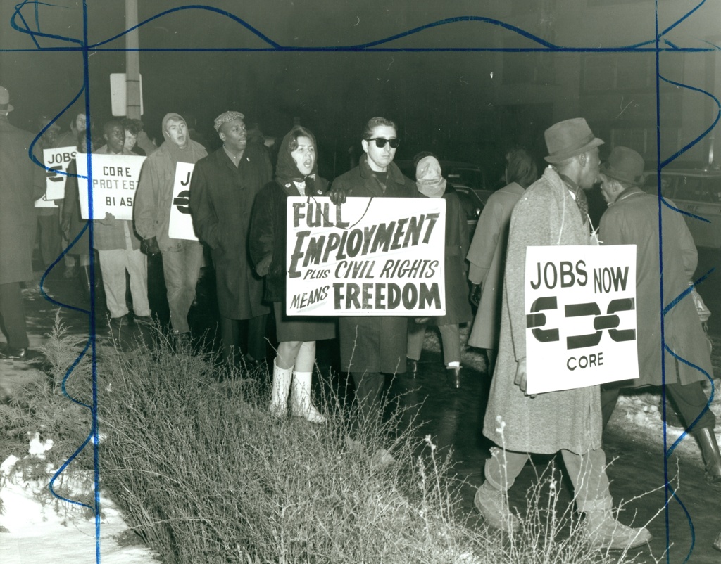 C.O.R.E. [Congress On Racial Equality] demonstrators demanding equal opportunity employment in front of Jefferson Bank, 16 January 1964.
https://mohistory.org/collections/item/N22762
