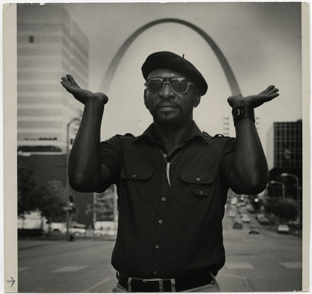 Percy Green with Gateway Arch in the background. https://mohistory.org/collections/item/P0877-00003 