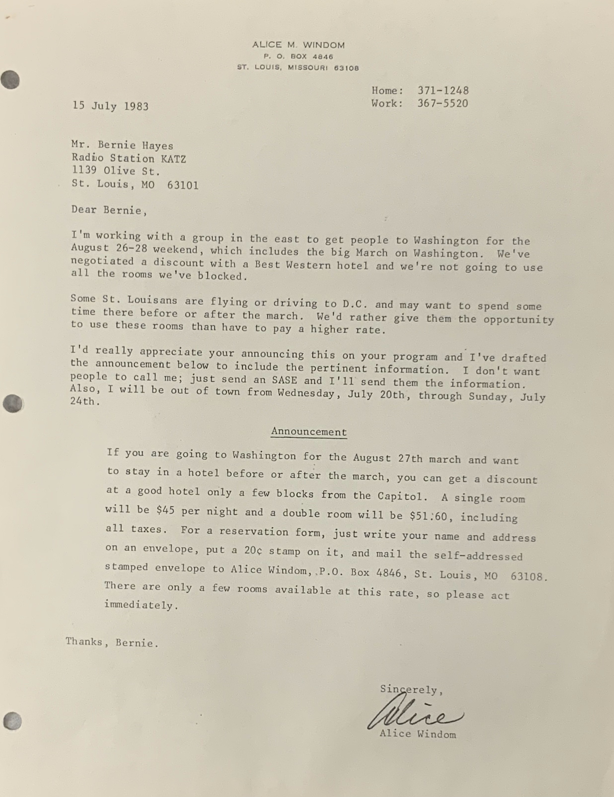 Letter from Alice to Bernie, asking him to help disseminate some information about a march in Washington DC, likely the 20th anniversary of the March of Washington led by Martin Luther King Jr. From the Griot Museum of Black History, Alice Windom Collection.