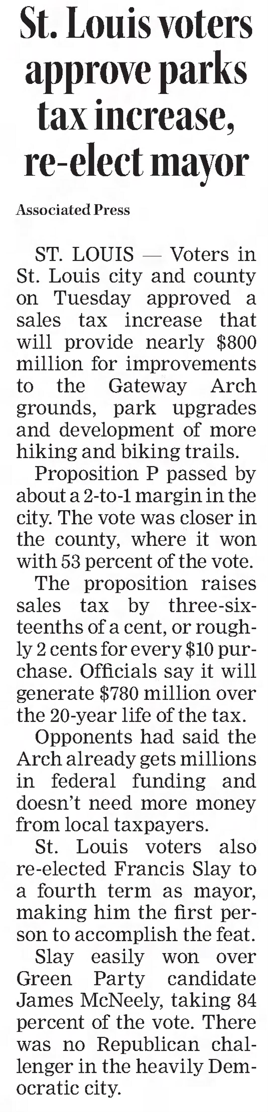 St. Louis voters approve parks tax increase, re-elect mayor
https://www.newspapers.com/image/589360646/
