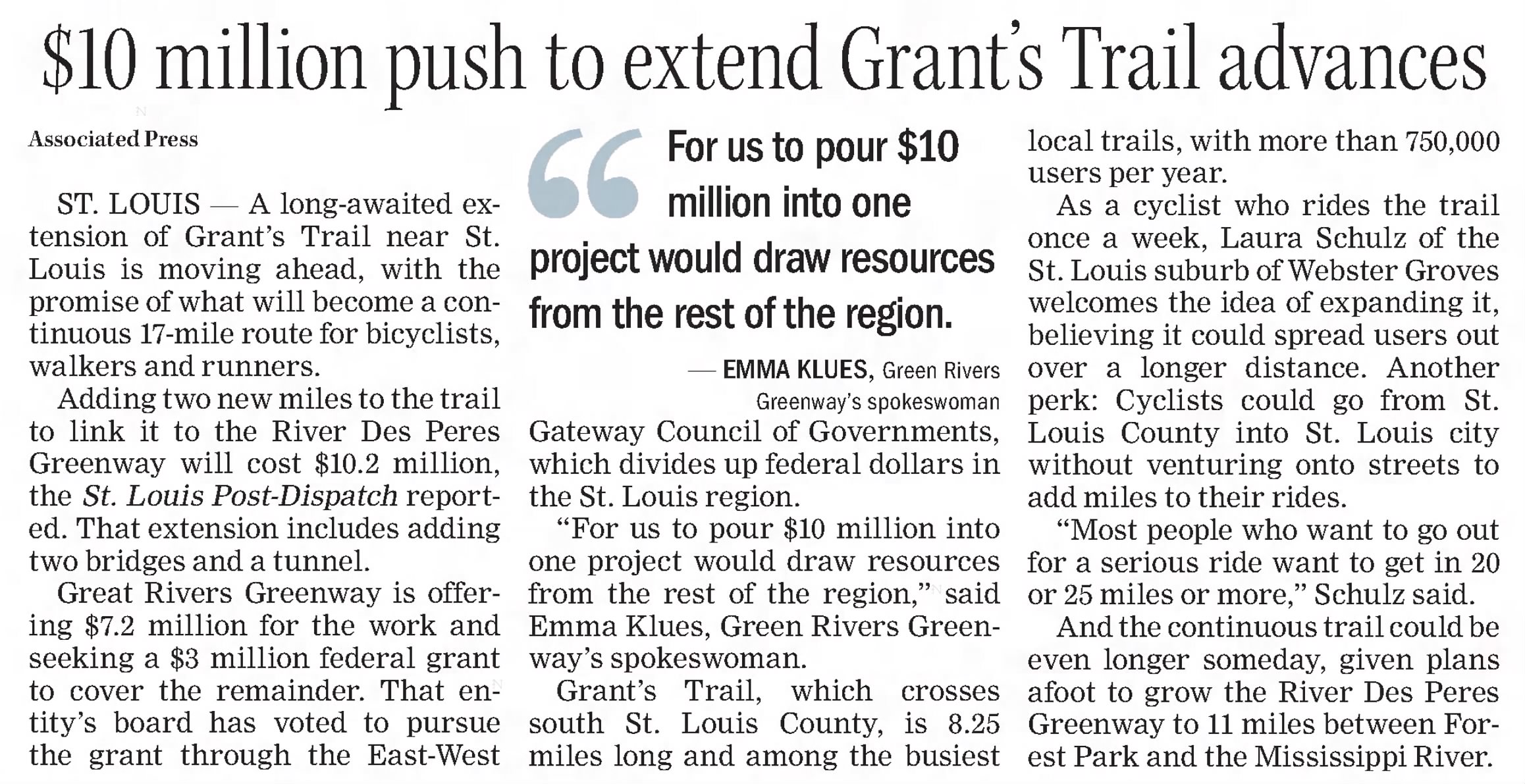 $10 million to push to extend Grant's Trail advances.
https://www.newspapers.com/image/590382346/