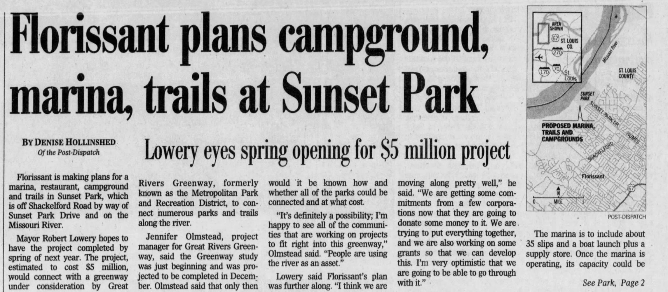 Florissant plans campground, marina, trails at Sunset Park
https://www.newspapers.com/image/141120311/