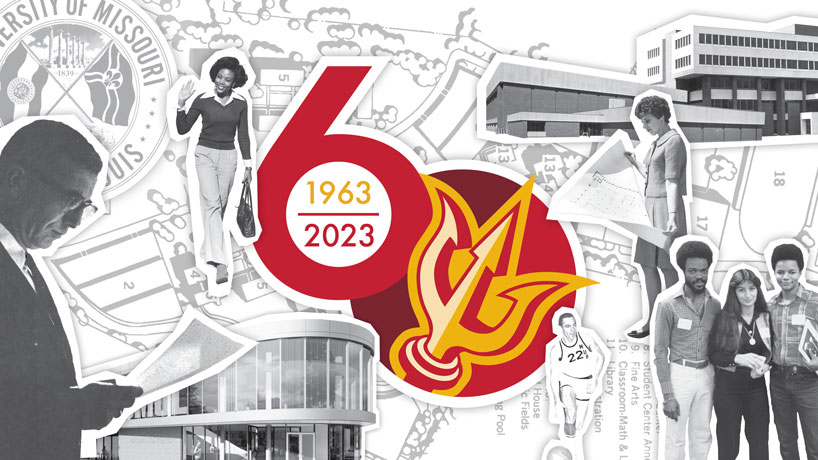 Graphic that has the number 60 in red and orange with the UMSL Triton in the zero. The number is surrounded by various black and white photos of UMSL.