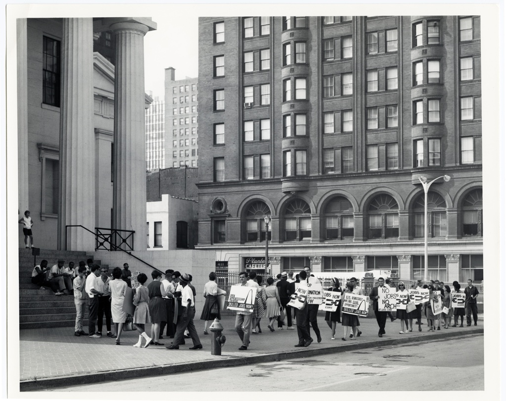 CORE [Congress On Racial Equality] picket for jobs on Gateway Arch project at Old Courthouse, 23 July 1964.
https://mohistory.org/collections/item/N01202