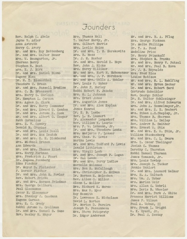 Scanned historic, typed document listing members of the Committee for Nuclear Information.
