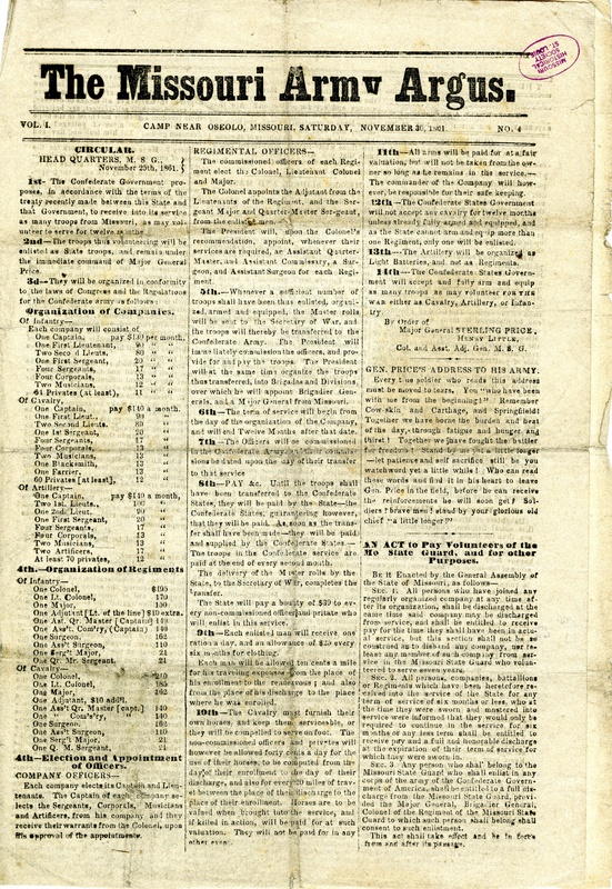Newspaper Issue of the Missouri Army Argus, November 30, 1861