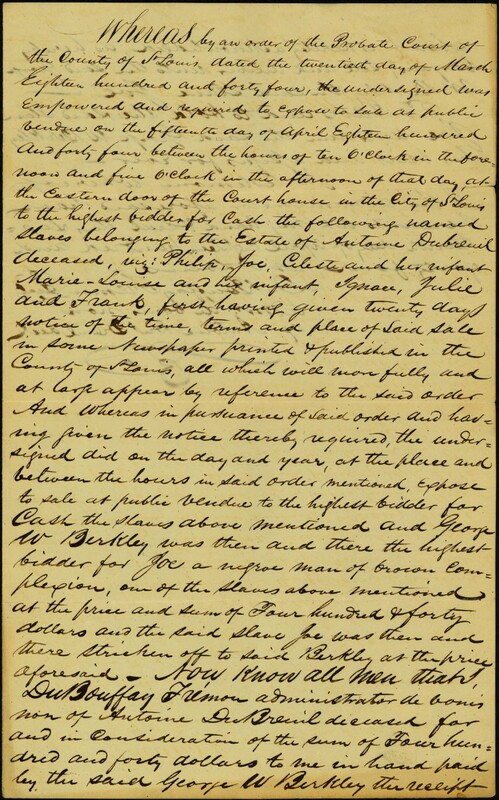 Receipt for $440 Signed DuBouffay Fremon, Administrator of the Estate of Antoine Dubreuil, April 16, 1844