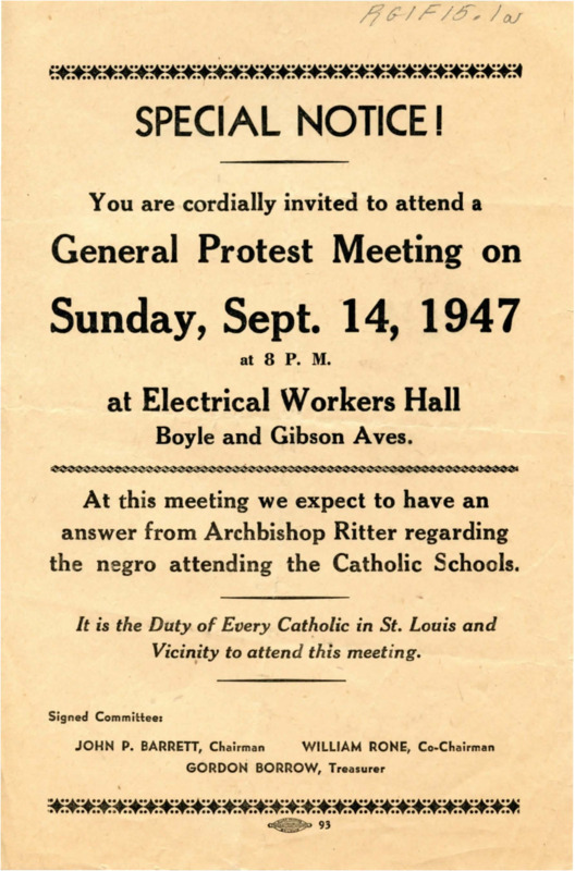 A Handbill for Parent's Protest Against Catholic School Integration September 14, 1947