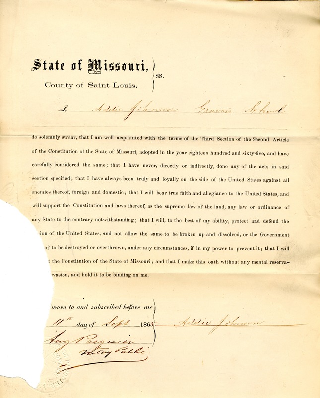 Loyalty Oath of Addie Johnson of Missouri, County of St. Louis