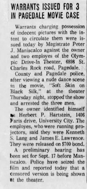 Newspaper Article – “Warrants Issued For 3 In Pagedale Movie Case” - September 5th, 1964