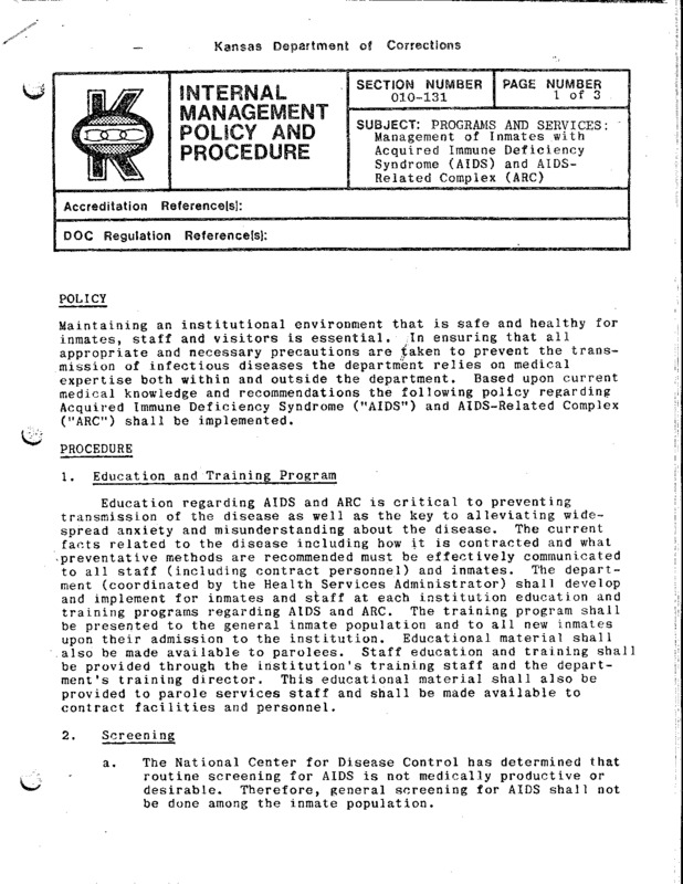 Kansas City Department of Corrections HIV Management Policy