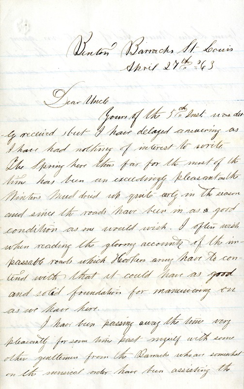 Letter Signed Henry [Henry S. Wadsworth], Benton Barracks, St. Louis, to His Uncle, April 27, 1863