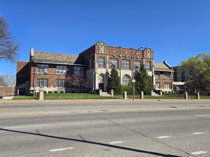 Wide view of the front of the Gallaudet School building.