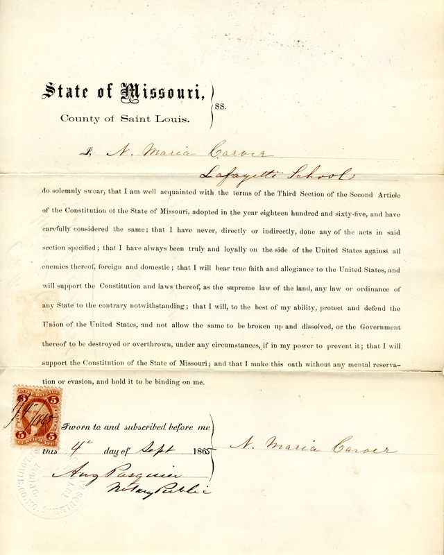 Loyalty Oath of N. Maria Carver of Missouri, County of St. Louis