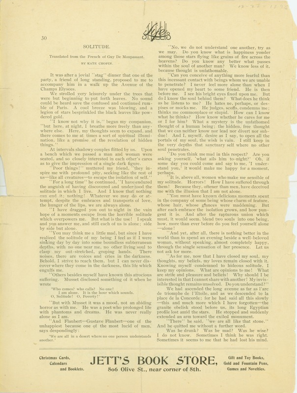 Translation of Guy De Maupassant's "Solitude" By Kate Chopin from St. Louis Life (Second Copy), December 28, 1895
