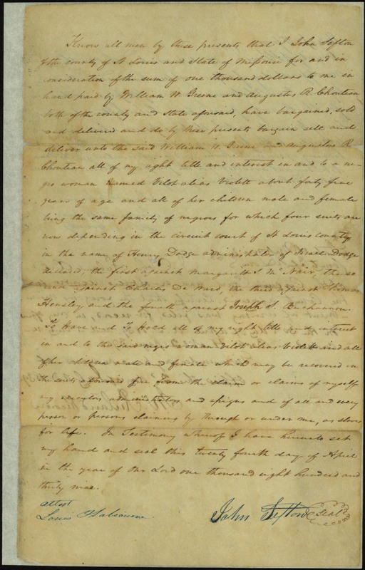 Receipt for $1,000 Signed John Sefton of St. Louis County, Missouri, April 24, 1839