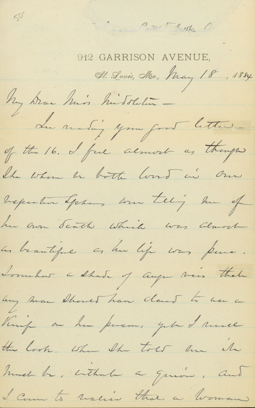 Letter Signed W.T. Sherman, 912 Garrison Avenue, St.  Louis, MO., to Miss Middleton, May 18, 1884