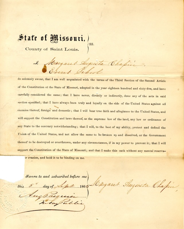 Loyalty Oath of Margaret Augusta Chapin of Missouri, County of St. Louis