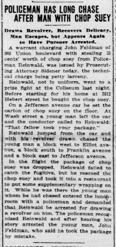 Newspaper Article: "Policeman Has Long Chase After Man With Chop Suey"