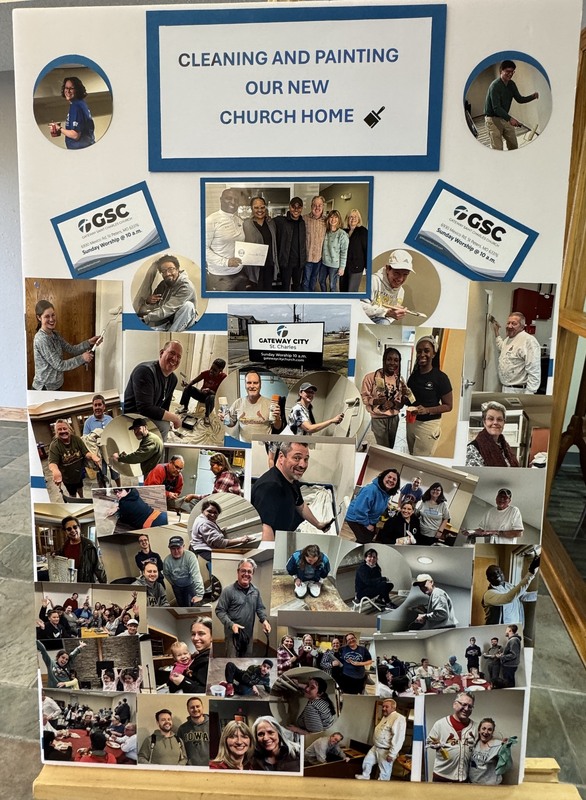 Collage of pictures from February to March 2025 of members of Gateway City Church cleaning and painting the new building.