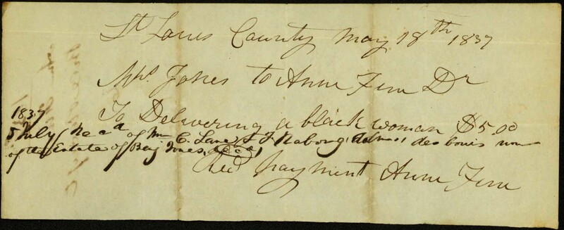 Receipt of Mrs. Jones to Anne Fine, Signed Anne Fine, St. Louis County, May 18, 1837