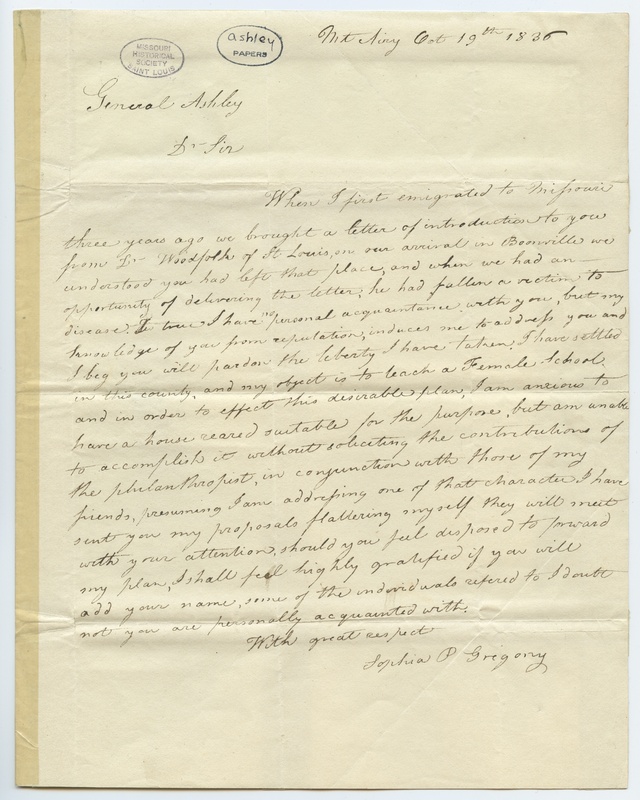 Letter Signed Sophia P. Gregory, MT. Airy, to General Ashley, Cooper County, MO. October 19, 1836.