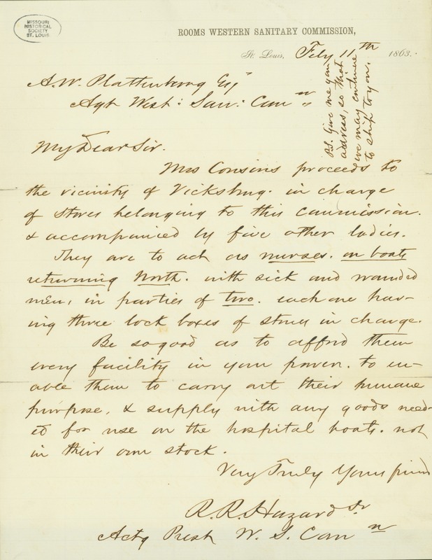 Letter Signed R.R. Hazard, St. Louis, to A.W. Plattenburg, February 11, 1863