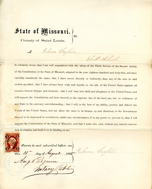 Loyalty Oath of Rebecca Taylor of Missouri, County of St. Louis