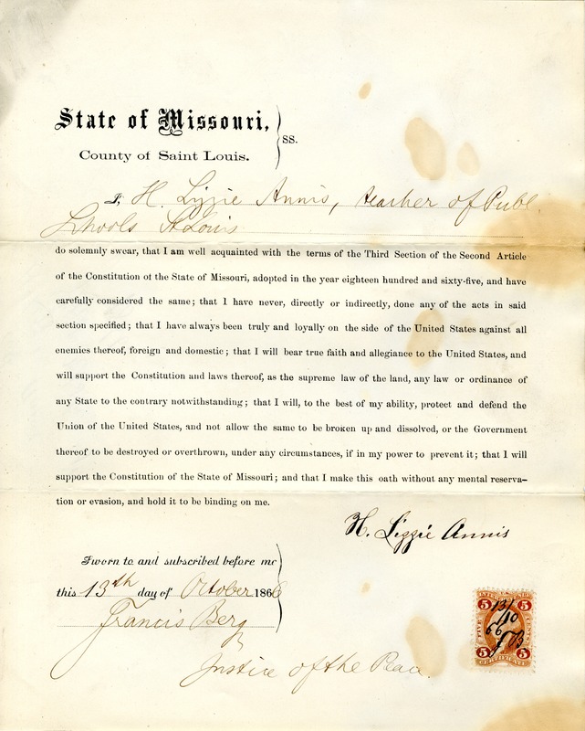 Loyalty Oath of H. Lizzie Annis of Missouri, County of St. Louis