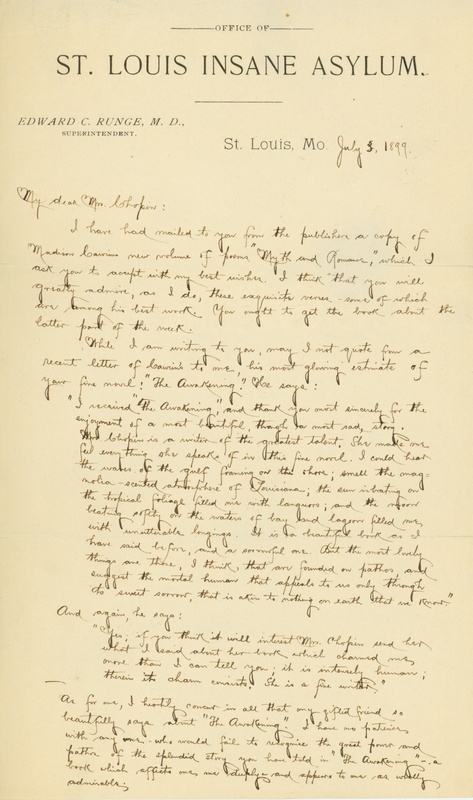 Letter of [R.E. Lee Gibson], Office of St. Louis Insane Asylum, St. Louis MO, To Mrs. Chopin [Kate Chopin], July 3, 1899
