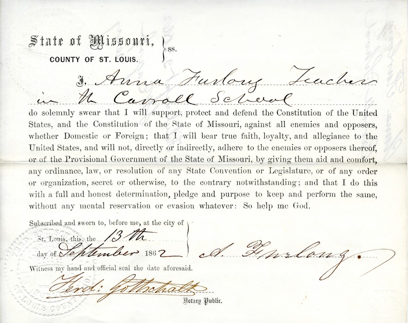 Loyalty Oath of Anna Furlong of Missouri, County of St. Louis