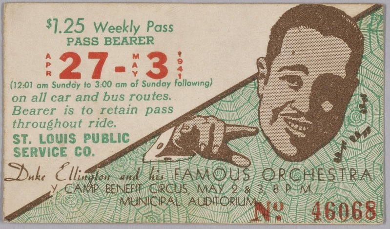 Transit pass for St. Louis Public Service Company depicting Duke Ellington