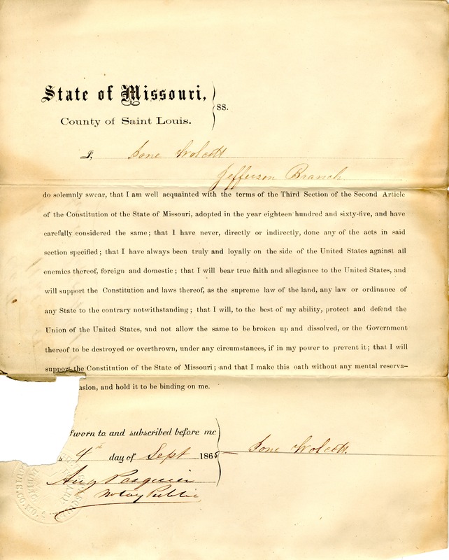 Loyalty Oath of Ione Wolcott of Missouri, County of St. Louis