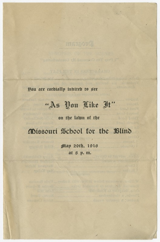 Program for the Missouri School for the Blind's production of "As You Like It"