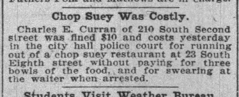 Newspaper Article: "Chop Suey Was Costly"