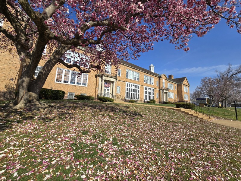 Wide view of the front of the Woerner School building.