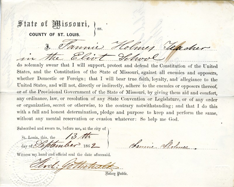Loyalty Oath of Fannie Holmes of Missouri, County of St. Louis