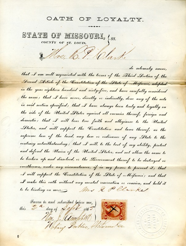 Loyalty Oath of Mrs. R. P. Clarke of Missouri, County of St. Louis