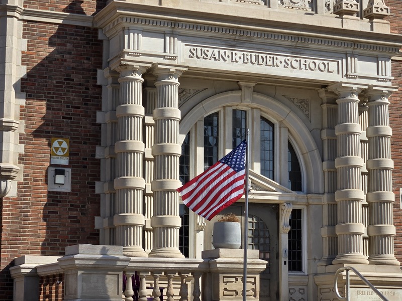 Susan R. Buder School Building with Fallout Shelter Sign