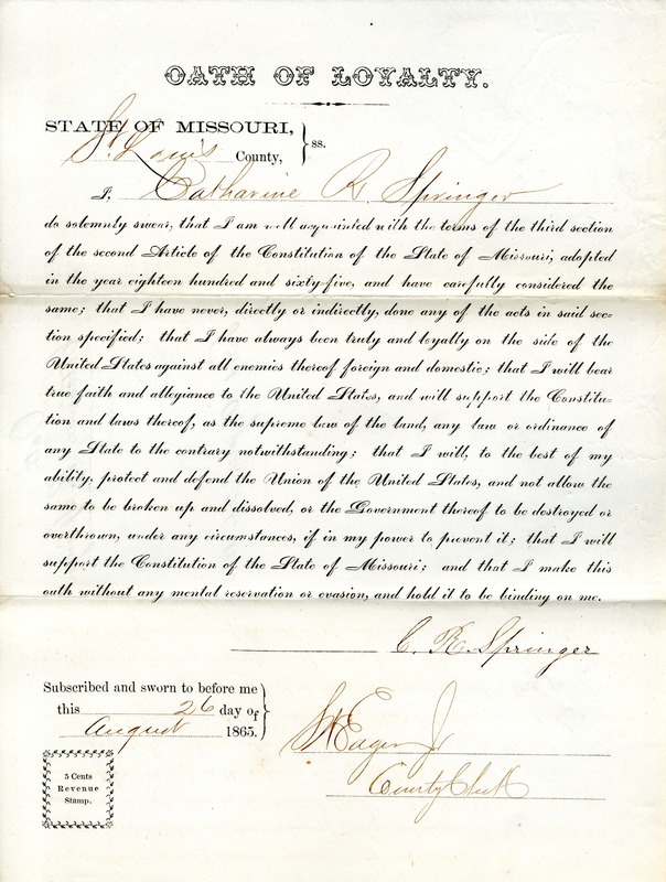Loyalty Oath of Catharine R. Springer of Missouri, County of St. Louis
