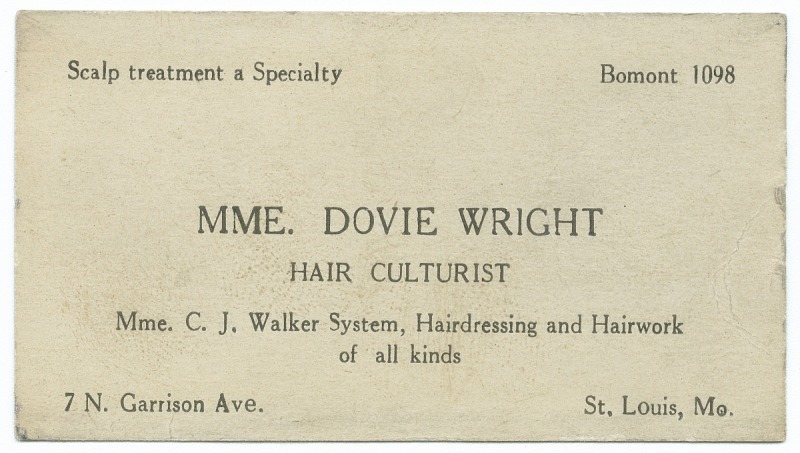 Business Card of Mme. Dovie Wright, Hair Culturist