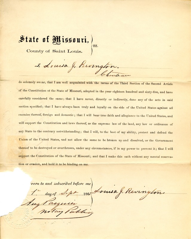Loyalty Oath of Louis J. Revington of Missouri, County of St. Louis