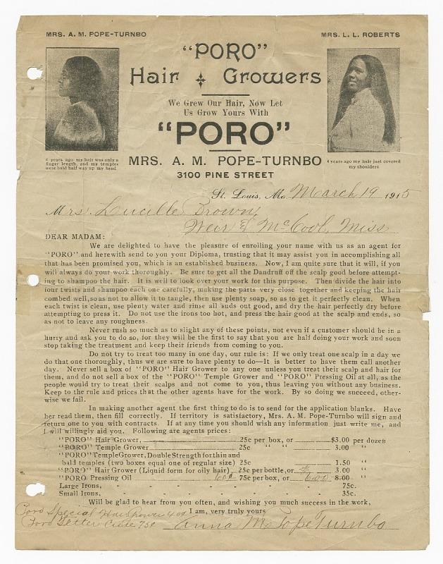 Enrollment Certificate to Poro College for Lucille Brown