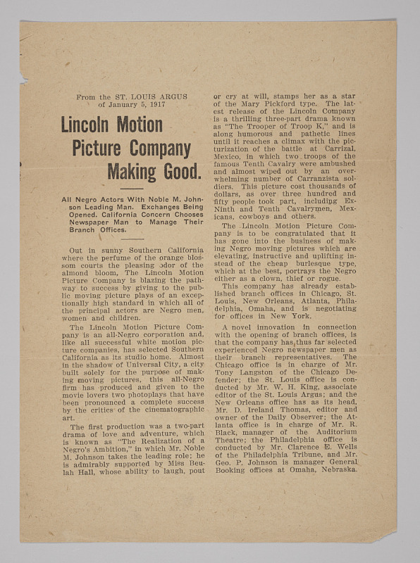 Press Release from the Lincoln Motion Picture Company