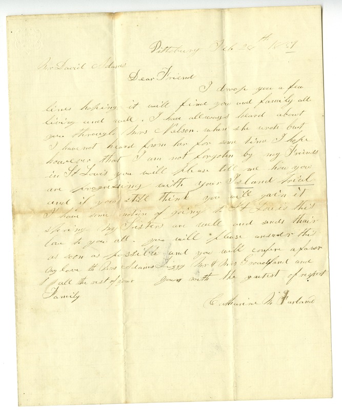 Letter Signed Catherine McFarland, Pittsburgh, to David Adams, February 28, 1859