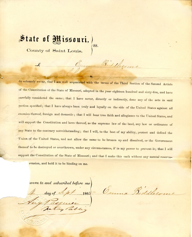 Loyalty Oath of Emma Biddlecome of Missouri, County of St. Louis